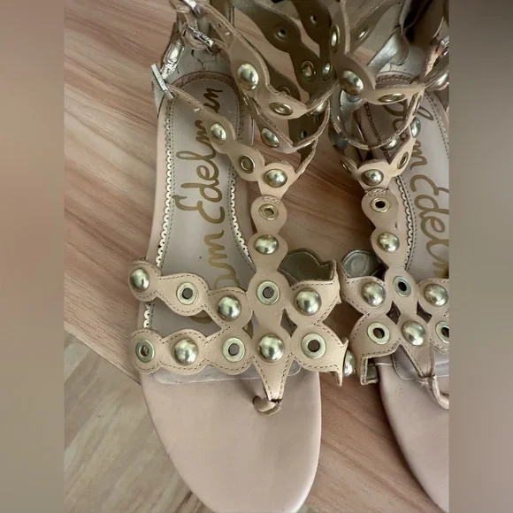 Sam Edelman Tan & Gold Metal Detail Boho Eclectic Desi Gladiator Sandals - Picture 10 of 13